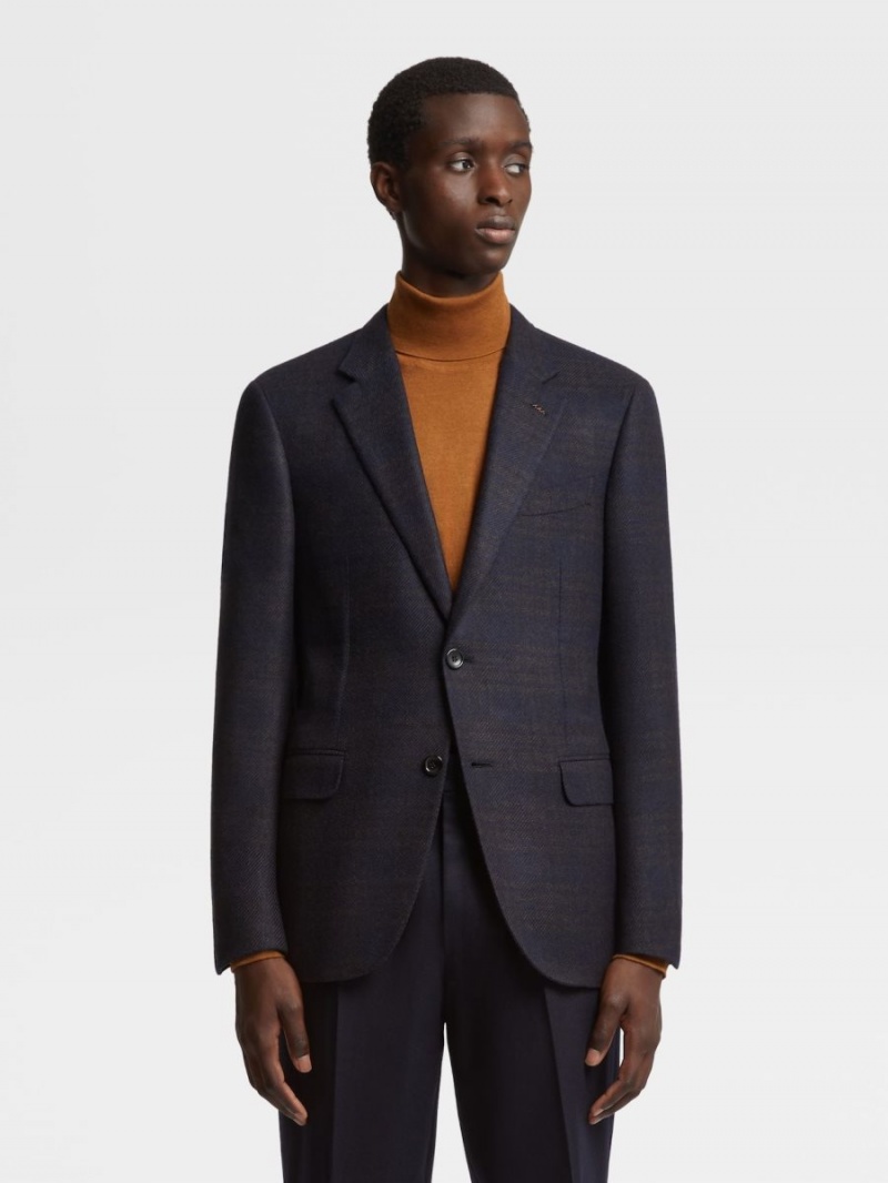 Navy Blue / Brown Zegna Cashmere Silk Jacket | ZQNGDVM-60