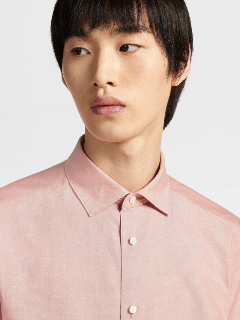 Pink Zegna Crossover Blend Cotton Linen And Silk Long-sleeve Tailoring Shirt | WAQCEHV-53
