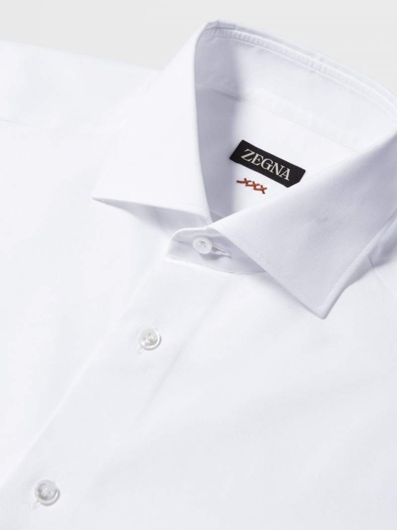 White Zegna Micro Herringbone Cotton Long-sleeve Tailoring Shirt | WQZKJSY-98