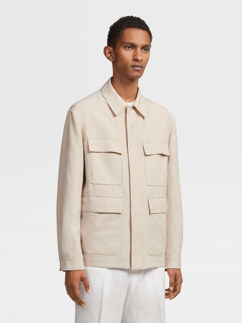 White Zegna Pure Linen Field Jacket | XWBFOIK-57