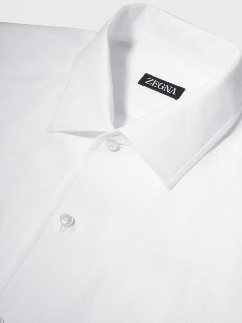 White Zegna Pure Linen Long-sleeve Shirt | VKOUZGH-08