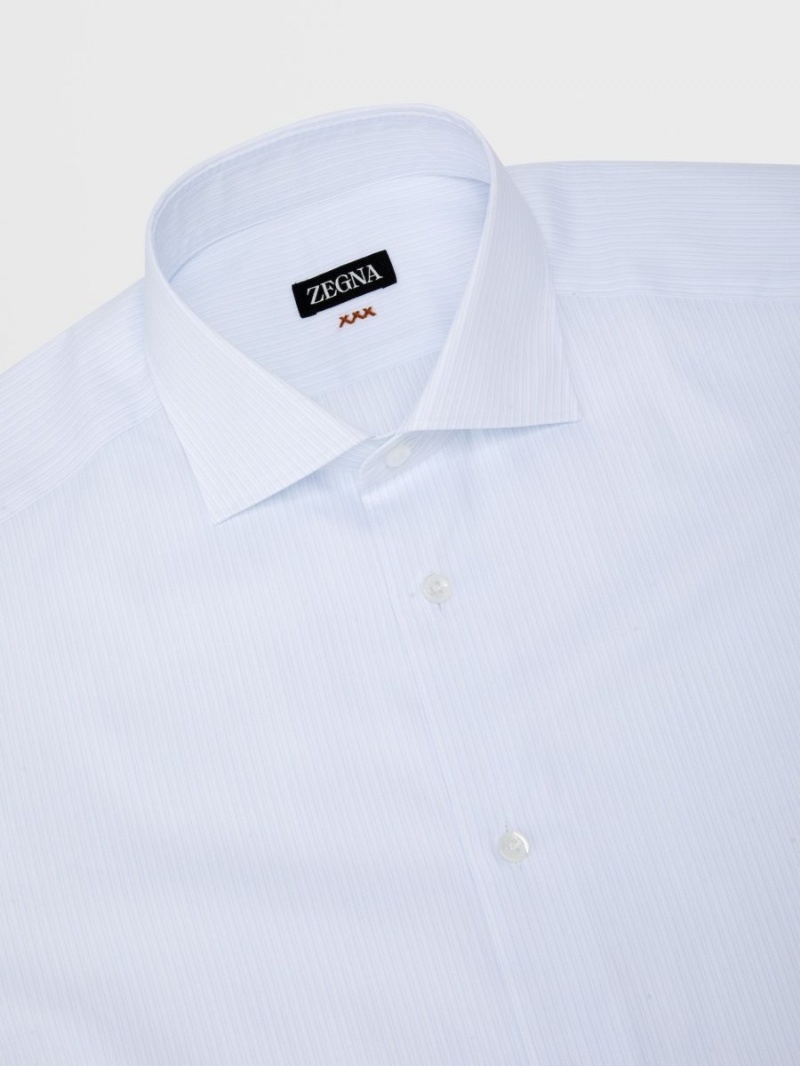 White / Light Blue Zegna Striped Twill Cotton Long-sleeve Shirt | AQMDXRG-08