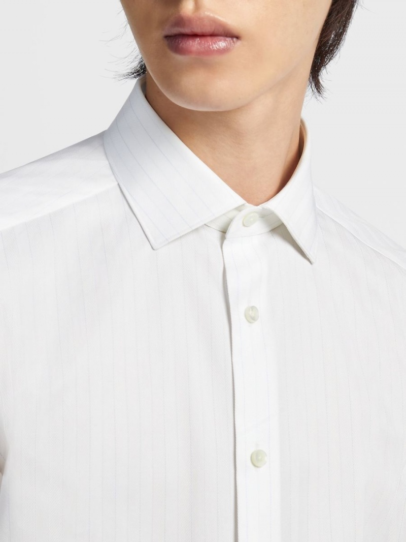 White / Navy Blue / Light Blue Zegna Trecapi Cotton Structured Striped Shirt | QZYKUXB-31