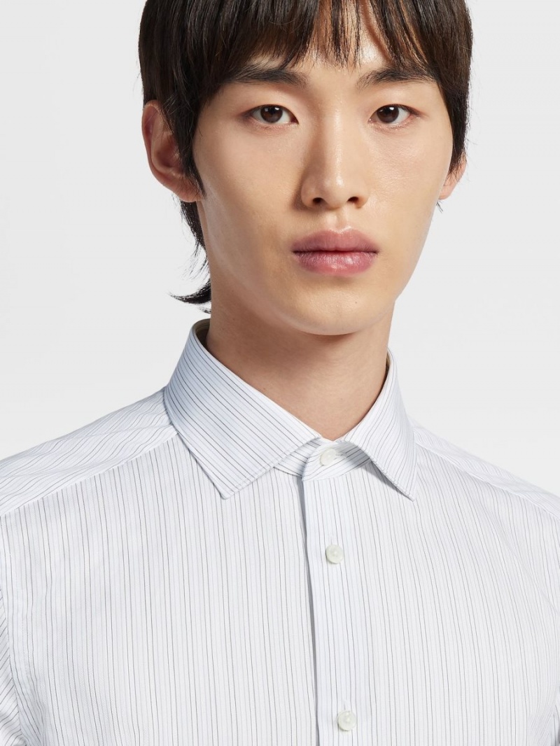 White / Navy Blue / Light Blue Zegna Trecapi Cotton Structured Micro-striped Shirt | WIYHZUN-27