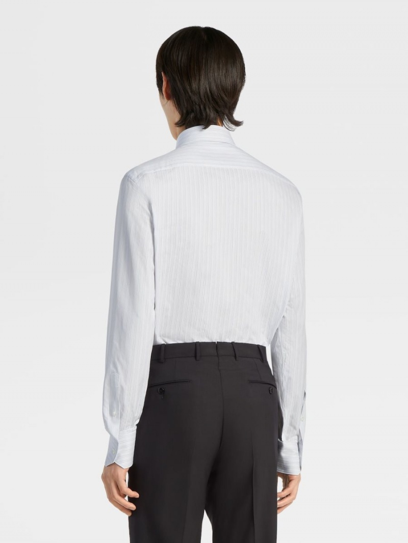 White / Navy Blue / Light Blue Zegna Trecapi Cotton Structured Micro-striped Shirt | WIYHZUN-27