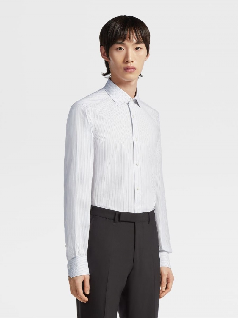 White / Navy Blue / Light Blue Zegna Trecapi Cotton Structured Micro-striped Shirt | WIYHZUN-27
